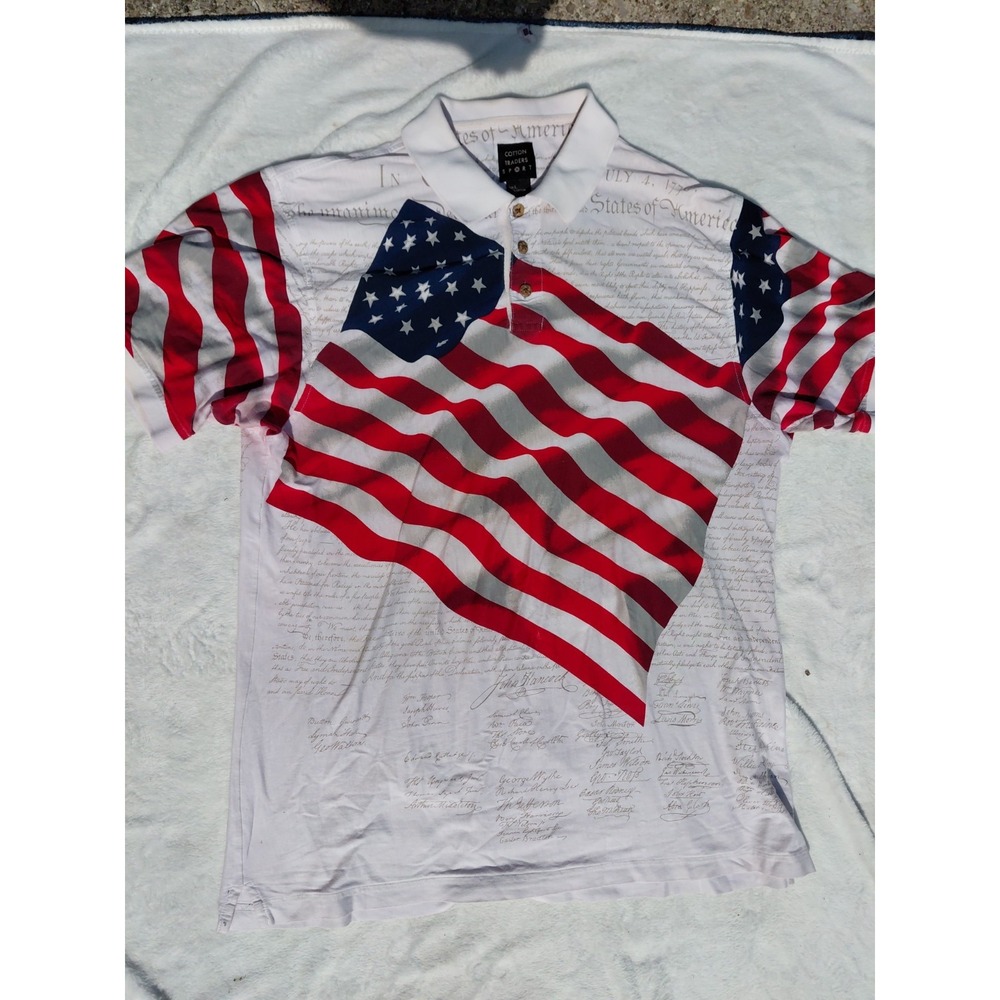 Cotton Traders American Flag Declaration of Independence Golf Shirt Sz Large